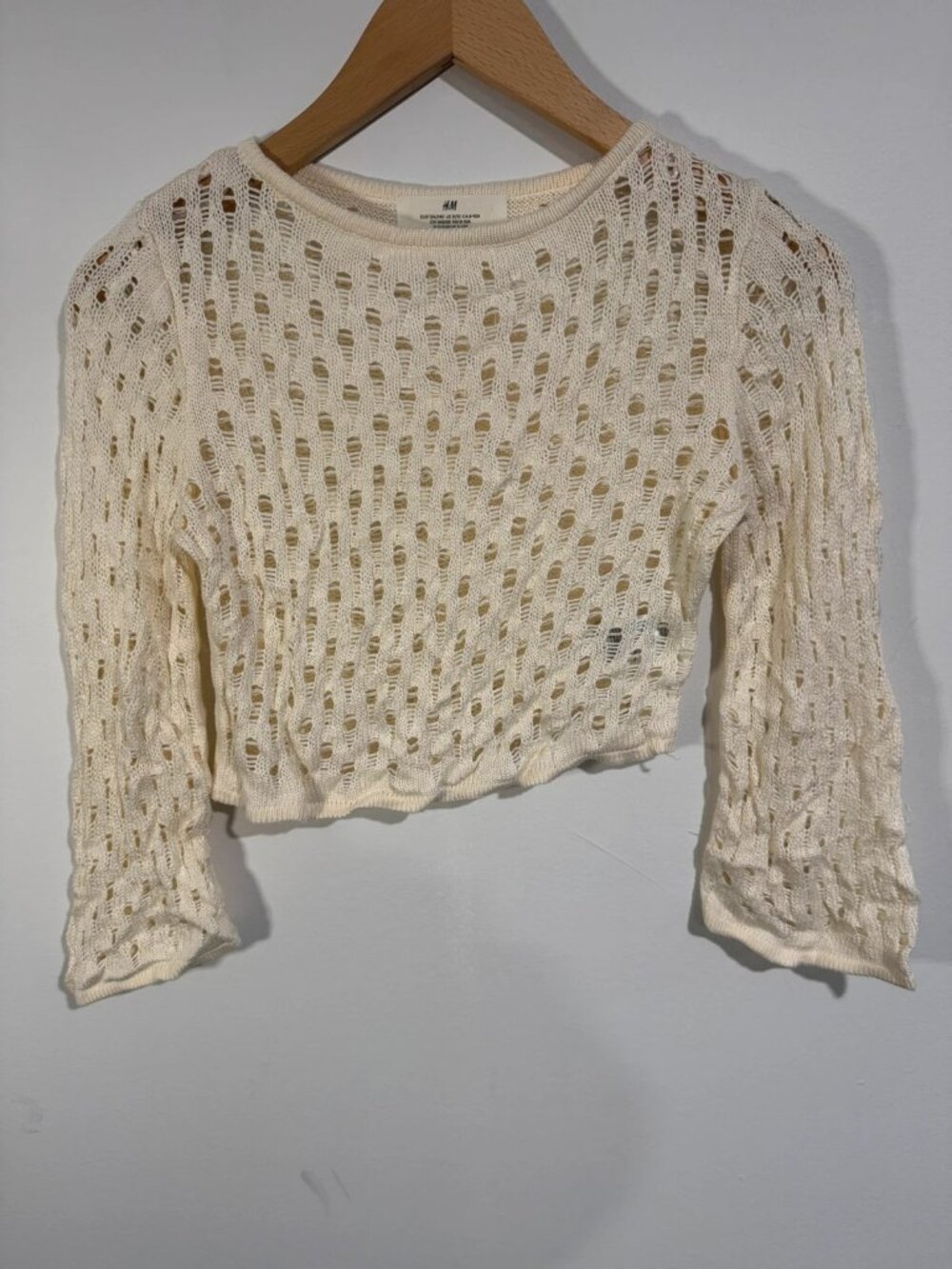 H&M Girl's White Open-Knit Crewneck Ruffle Hem Pullover Sweater Size 10